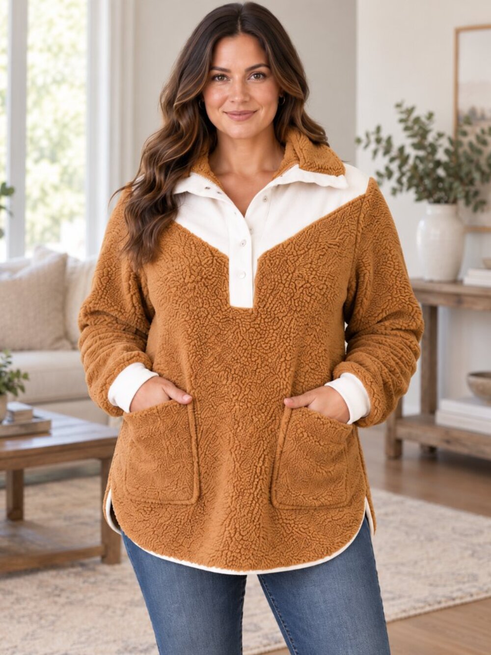 ePretty Chicago Sherpa Fleece Pullover L Camel Brown Henley Cozy Jacket Sweater